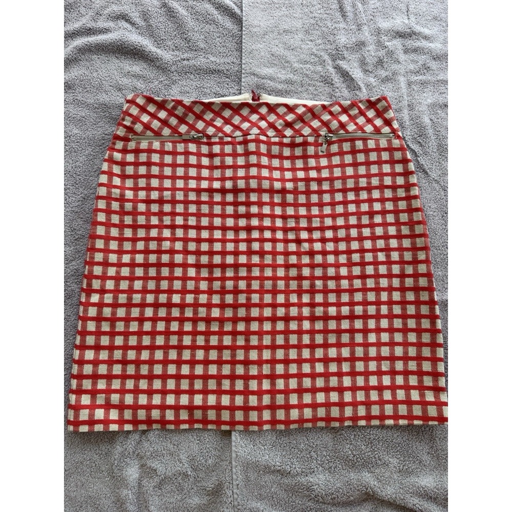 Worth New York Linen Cotton Red Check Pencil Skirt Womens 12 Made USA Lined